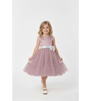 Kız Çocuk Elbise -Saten Tüllü Kumaş-Kuşak ve Fiyonk Detaylı 2-8 Yaş 12517 MODANINO (Pudra)