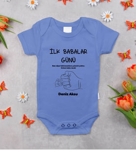 BK Kids Kişiye Özel İlk Babalar Günü Tasarımlı Mavi %100 Pamuklu Kısa Kol Bebek Body Zıbın, Yeni Doğan Bebek Hediyesi