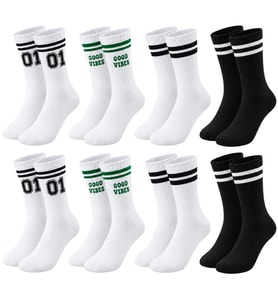 Unisex Çorap Çizgili 8'li Set 07 Good Vibes Baskılı Siyah Beyaz Uzun Soket Spor Kolej Stil Çorap — Çok Renkli, 36-40