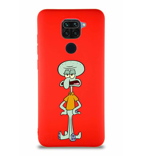 Xiaomi Redmi Note 9 Soft Premier Kapak Squidward Dokunaç Tasarımlı Silikon Kılıf - Kırmızı (Şeffaf)