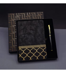 Gold Desen Siyah Deri Defter Kalem Set
