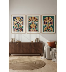 Art Deco Geometrik Desen 3’lü Ahşap Çerçeveli Tablo Seti