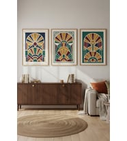 Art Deco Geometrik Desen 3’lü Ahşap Çerçeveli Tablo Seti