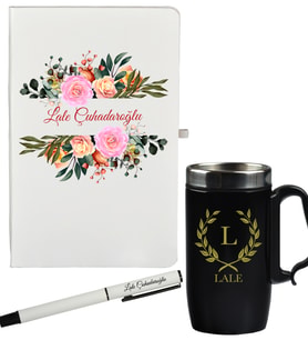 Kişiye Özel Çiçek Tasarımlı Hediye Defter Kalem Ve Siyah Termos Mug Seti