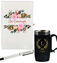 Kişiye Özel Çiçek Tasarımlı Hediye Defter Kalem Ve Siyah Termos Mug Seti