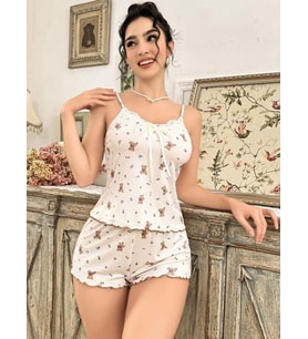Mulvxbrf Brf02 Kadın Ayıcık Desenli Şortlu Pijama Takımı Rahat Ve Şık Ev Giyim Seti (Mulvix)