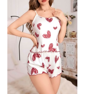 Kadın Beyaz Kalp desenli Şortlu Gecelik Pijama Takımı 5052
