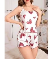 Kadın Beyaz Kalp desenli Şortlu Gecelik Pijama Takımı 5052