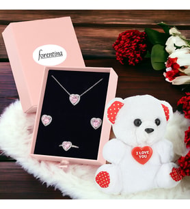 Forentina Gümüş Kaplama Pembe Kalpli Kolye Küpe Yüzük -Ayıcık-Pembe Kutuda Hediye Set PS3426