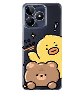 Realme C53 Uyumlu Sevimli Ördek ve Ayıcık Desenli Şeffaf Telefon Kılıfı