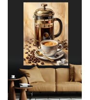 French Press Ve Kahve Fincanı Dekoratif Kanvas - Mdf Ahşap Tablo
