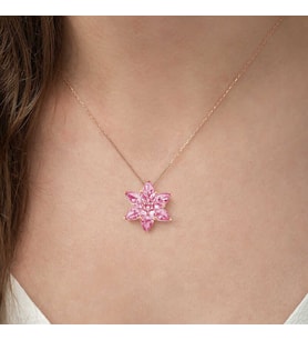 Gümüş Rose Pembe Lotus Çiçeği Kolye