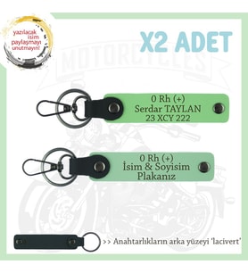 Motosiklet Sürücüsüne Özel İsim Plaka ve 0 Rh (+) Kan Grubu Yazılı x2 Anahtarlık, Yeşil-F Yeşil-Laci (Çok Renkli)