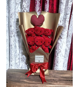 Kırmızı Peluş Ayıcık Buketi Kalp Yastıklı