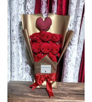 Kırmızı Peluş Ayıcık Buketi Kalp Yastıklı
