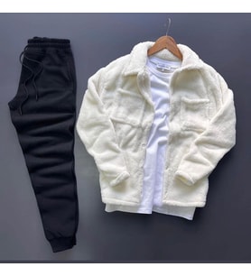 Unisex Beyaz Peluş Polar Hırka Gömlek Siyah Eşofman Altı Takım