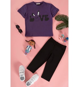 Baskılı Tshirt Tayt Siyah Alt Üst Takım