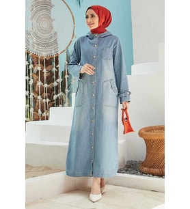 6329-Kapşonlu Denim kap Mavi