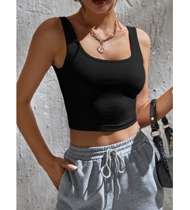 Liona Kadın Kare Yaka Siyah Slim Fit Crop Top Bluz