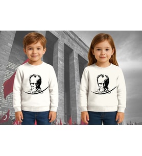 Unisex Ay Yıldızlı 19 Mayıs 29 Ekim 23 Nisan 10 Kasım Atatürk Çocuk 3 İplik Şardonlu Sweatshirt (Beyaz)