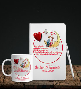 Sevgililer Gününe Özel Beyaz Deri Defter Kalem Kupa Hediye Seti 22