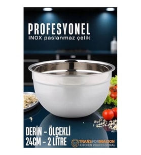 CEYLAN ADAM  Inox Ölçekli Derin Kase  - 24 Cm 2 Litre Karıştırma Kabı Profesyonel 304 Paslanmaz Çeli