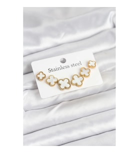 Mey İthalat® 316L Çelik Gold Beyaz Renk 3 Boy Yonca Küpe Seti