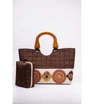 Ahşap Saplı El Çantası 46x30 cm Kahverengi Kapitone Etnik Detaylı