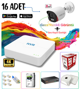Adecam 16 lı Full HD IP Güvenlik Kamera Sistemi - Gece Renkli & Sesli Set + 30 Gün Kayıt, Cepten İzleme (Standart)
