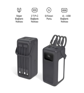 50000mAh 22.5W Hızlı Şarj 4xUSB 1XType-C 1xMicro Led Işıklı Dahili Kablolu Çoklayıcı Powerbank