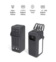50000mAh 22.5W Hızlı Şarj 4xUSB 1XType-C 1xMicro Led Işıklı Dahili Kablolu Çoklayıcı Powerbank