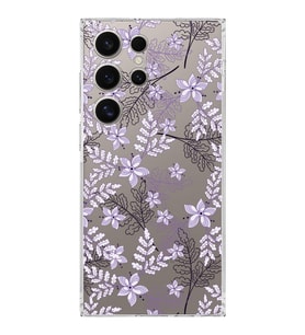 PrintiFy Samsung S24 Ultra Uyumlu Kamera Korumalı Floral Lila Tasarımlı Şeffaf Silikon Kılıf