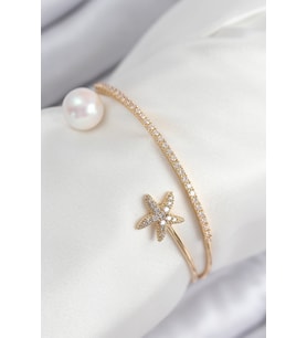 Pirinç Zirkon Taşlı Yıldız Ve İnci Model Gold Renk Kadın Bileklik 5886 - SSSSSS7633-7412