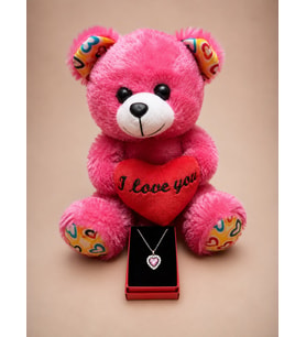 Pembe I Love You Kalpli Pelüş Ayıcık ve Kalp Taşlı Kolye Hediye Seti