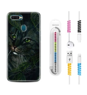 Oppo A5S A15 A16 A54 A55 A73 A74 Kılıf Kablo Koruma Spiral Silikon Flowers Cat 1345