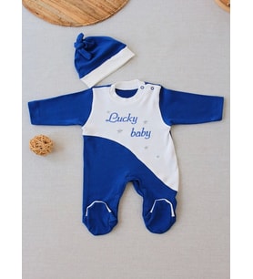 0-3 3-6 Ay Lucky Baby Nakışlı Es Çizgi Boy Şapkalı Erkek Bebek Tulumu Lacivert