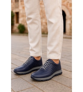 Growish GR0284 Hakiki Deri Yeni Nesil Hafif Faylon Taban Lastik Bağcıklı Lacivert Erkek Sneaker Yürüyüş Ayakkabısı (Lacivert)