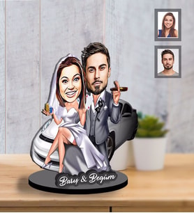Kişiye Özel Gelin Damat  Karikatürlü İki Katmanlı Ahşap Biblo  Mod-2