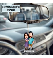 Kişiye Özel 2 Kişilik Sevgili Evli Temal Karikatürlü 10 cm MDF Araç Dikiz Aynası Süsü - Sevgiliye ve Eşe Hediye Çiftlere Özel Hediye