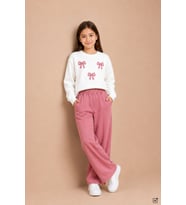 Bordo Kız Çocuk Fiyonk Desenli Sweatshirt Geniş Paça Eşofman Takımı 24828