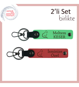 Sakinliğin Temsilcisine, Kedi Figürlü, Kişisel Yazılı 2’li Anahtarlık, Fıstık Yeşil-Nar Çiçeği