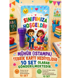 10 Adet Okula Yeni Başlayan Öğrencilere Sınıfımıza Hoşgeldin Yazılı Hediye Seti 1.Sınıf-Hatırası Mühür (Istampa) Tebrik Kartı Hediyeli