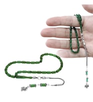Ateş Kehribar Tesbih - 925 Ayar Gümüş Püsküllü - Mini Boy - Su Yeşili Renk - Kapsül Kesim
