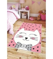 Pembe Kaymaz Tabanlı Yıkanabilir Kedili Bebek Halısı KD07