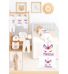 Kız Bebek %100 Pamuk Unicorn Organik İsim Baskılı Yenidoğan Hastane Çıkışı Fırça Bebek Hediye Seti (Beyaz)