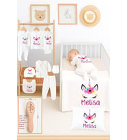 Kız Bebek %100 Pamuk Unicorn Organik İsim Baskılı Yenidoğan Hastane Çıkışı Fırça Bebek Hediye Seti (Beyaz)