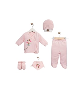 Kız Bebek Çiçek Desenli 5 Li Zıbın Hastane Çıkış Seti (Pembe)