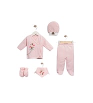 Kız Bebek Çiçek Desenli 5 Li Zıbın Hastane Çıkış Seti (Pembe)