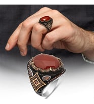 Akik Taşlı Oval 925 Gümüş Erkek Yüzük