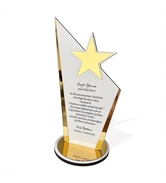 Kişiye Özel Plaket - Ahşap Plaket - Mezuniyet Hatırası - Okul Plaketi - 23cm x 12cm - Beyaz (Beyaz-Altın)